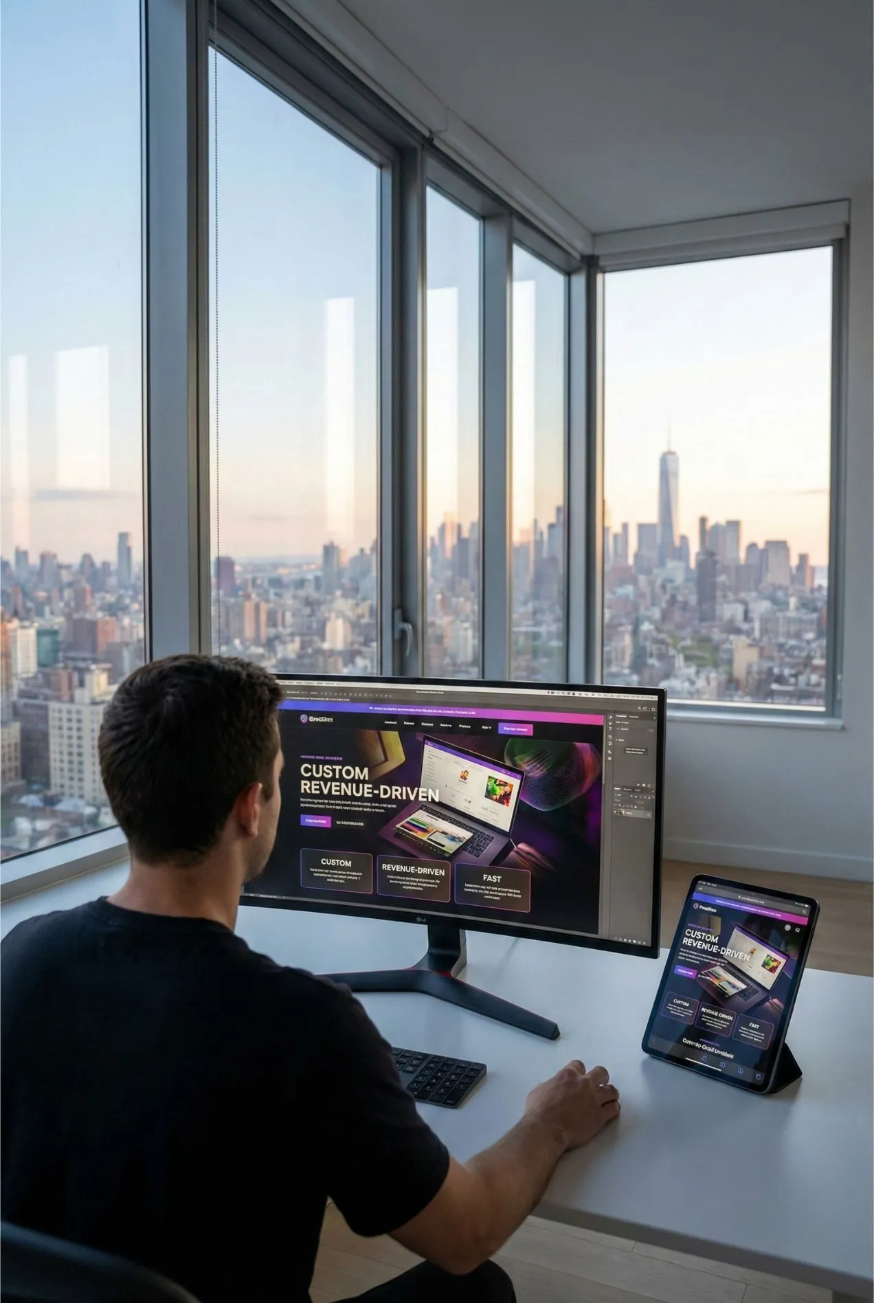 Professional web designer working on a custom, responsive website layout in a Manhattan office with the NYC skyline in the background.